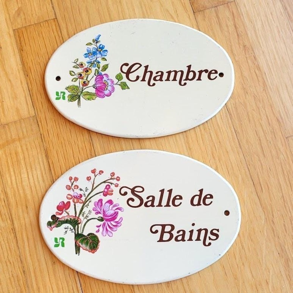 SET of 2 Vintage Enamel Signs French Home Chambre Salle de Bains Chateau core